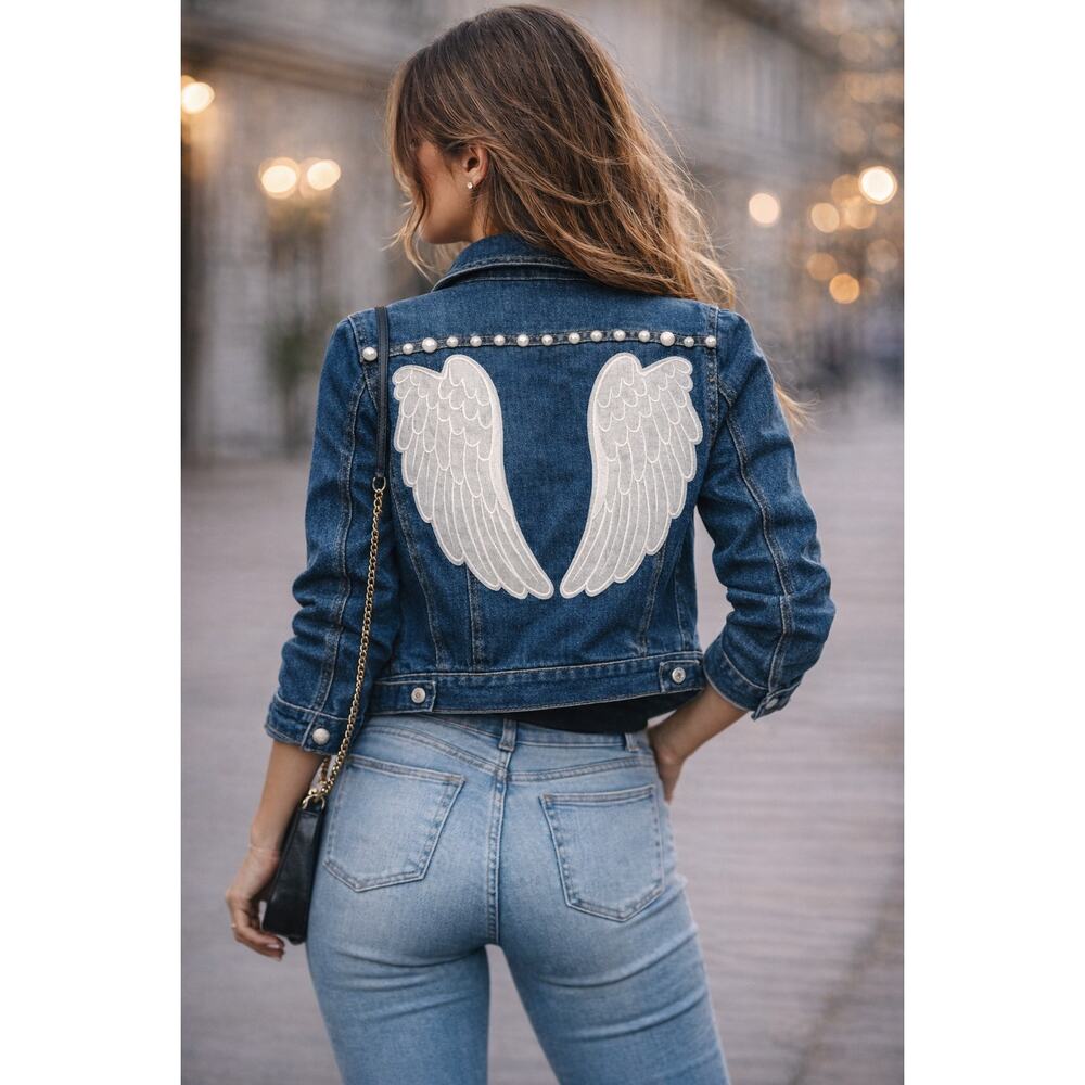 I call her The Angel with Pearls denim jacket. Light blue Aolinna Size Small